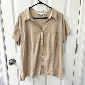 White Stag beige button down collared shirt sleeve shirt textured crepe 3X